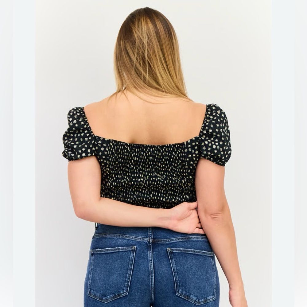 Loveappella Smocked Square Neck Puff Sleeve Crop Top - Navy and White Size 1X